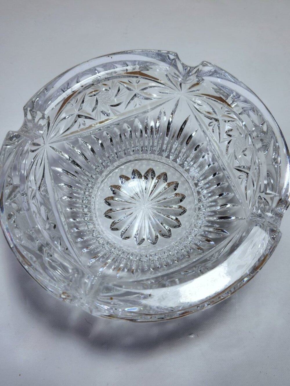 Vintage Cut Glass Crystal Ashtray • Starburst Pattern • Heavy Clear Glass Bowl